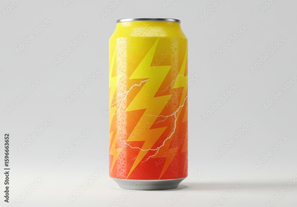 Fototapeta premium Refreshing cold energy drink can with lightning bolt design isolated on white background