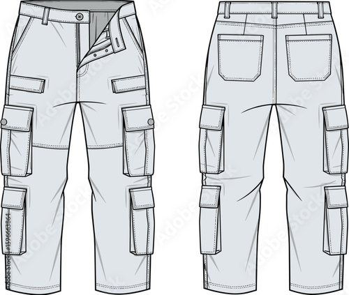 Flat technical CAD drawing of men’s multi-pocket cargo pants with side flap pockets, belt loops, zipper front, vector sketch