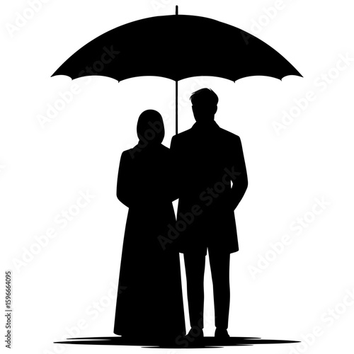 Silhouette couple under a large umbrella