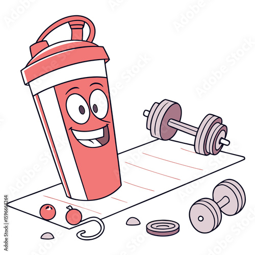 A happy cartoon shaker bottle with dumbbells for a workout