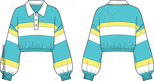 Flat vector technical drawing of colorful cropped rugby shirt with collar, button placket, elastic hem and long sleeves front back