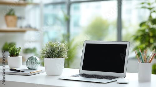 Wallpaper Mural Bright workspace with potted plants and open laptop Torontodigital.ca