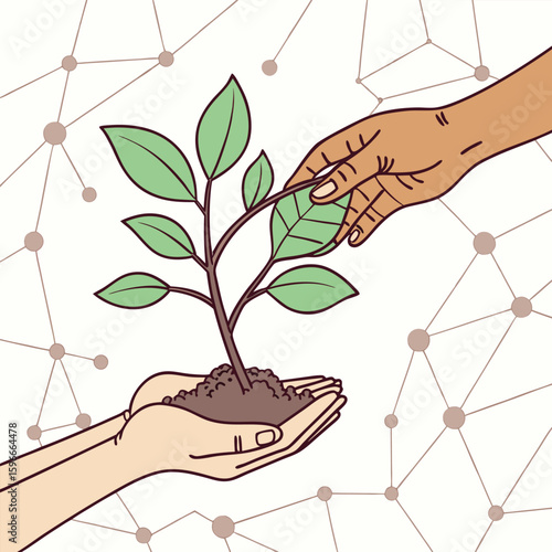 Illustration of two hands interacting with a plant against a network background with connected nodes