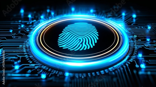 Fingerprint biometric scan on futuristic circuitry with glowing blue lights, advanced security technology