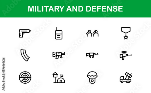 Military and Defense icons elevate branding. Modern vector line icon collection with minimal weaponry, security, tactical gear symbols, strategic emblems.
