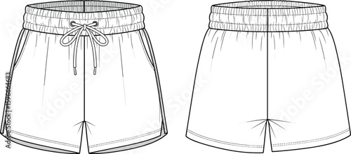 Flat vector CAD drawing of athletic gym shorts front and back view with elastic waistband and drawstring, fashion technical sketch