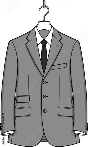 Flat vector technical drawing of formal men’s suit jacket on hanger with tie and shirt, front view clothing fashion sketch