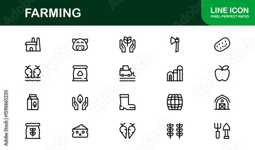 Farming Icons Collection Featuring Vector Illustrations of Agriculture Tools, Plants, Animals, and Harvest Elements