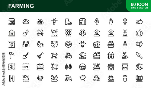 Farming Icons Collection Featuring Vector Illustrations of Agriculture Tools, Plants, Animals, and Harvest Elements