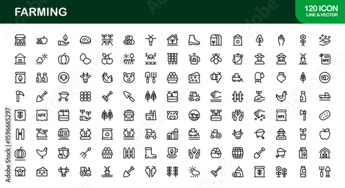 Farming Icons Collection Featuring Vector Illustrations of Agriculture Tools, Plants, Animals, and Harvest Elements