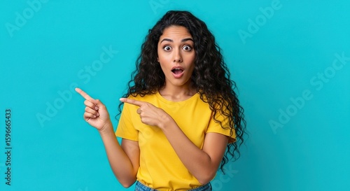 Surprised Young Woman Pointing Fingers Left and Right Against a Blue Background Expression of Shock