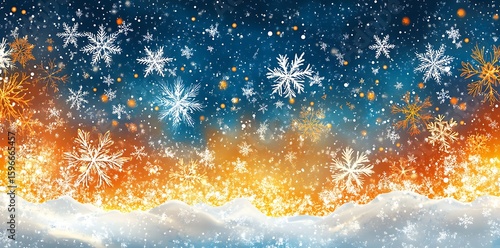 Falling snowflakes with glowing orange and blue background winter blizzard