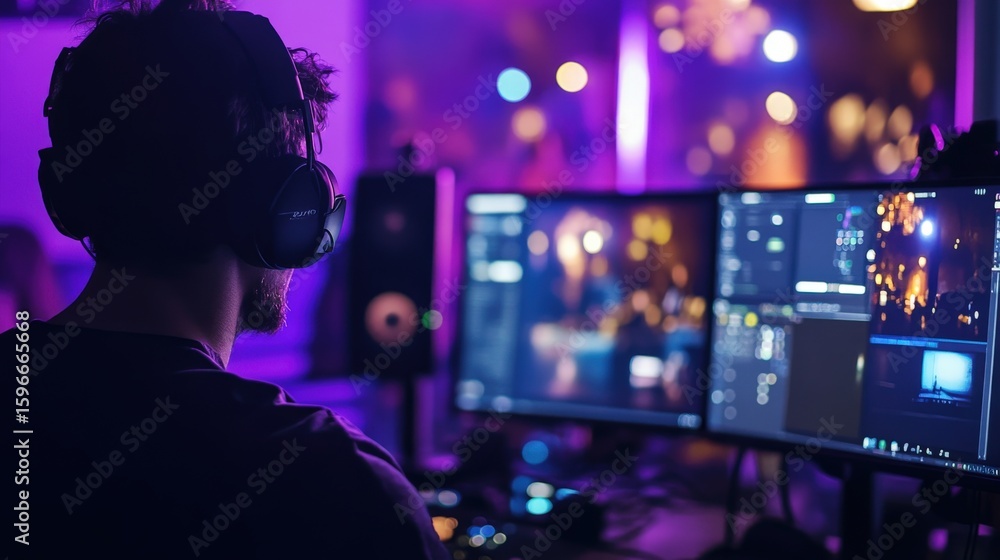 Obraz premium Person working on a dual monitor setup in a dimly lit room.