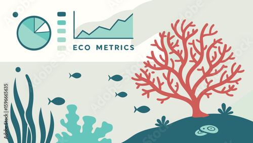 Eco metrics shown with coral reef fish and seaweed with pie chart and line graph on background