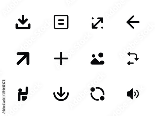 Set of common interface icons, Download, Zoom In, Left Arrow, Up Arrow, Plus, and more Design Transportation Icon with white background