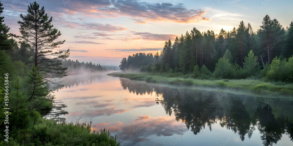 Fototapeta premium Serene Forest River at Dawn with Misty Reflections.