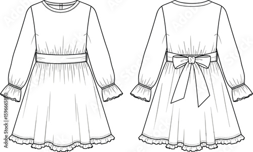 Long sleeve girl’s dress flat sketch with frill cuff, waist belt, back bow tie, and round neck design illustration