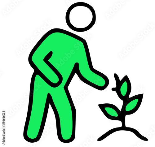 A green figure tending to a small plant, nurturing growth.