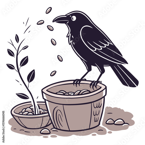 The thirsty crow from Aesop's fable, a clever bird putting stones in a pot to raise the water level, is an educational vector illustration.