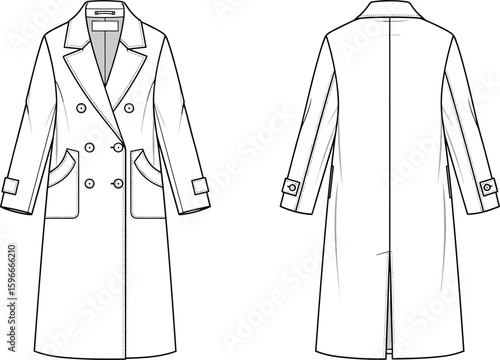 Long trench coat fashion flat sketch, front and back view, double-breasted outerwear, patch pockets, technical drawing, vector coat template