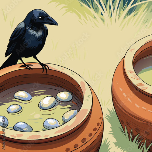 The thirsty crow from Aesop's fable, a clever bird putting stones in a pot to raise the water level, an educational vector illustration.