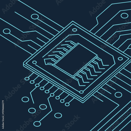Futuristic technology background with a glowing computer microprocessor (CPU) and a circuit board, a vector illustration representing AI and data processing.
