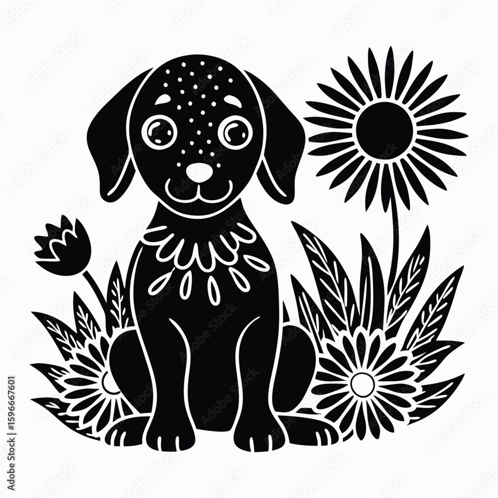 Naklejka premium Cute cartoon puppy character with flowers