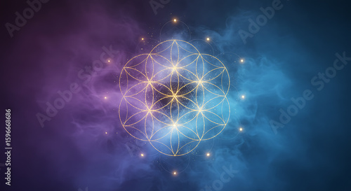 Sacred geometry flower of life symbol with cosmic nebula background
