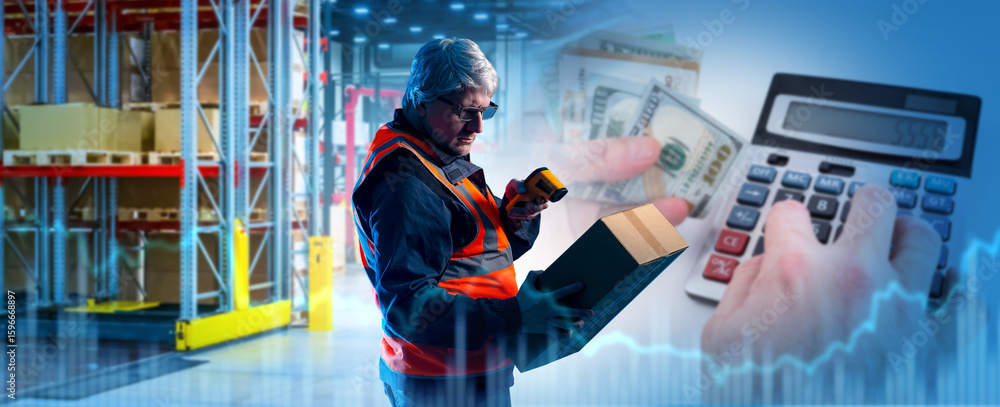 Naklejka premium Warehouse worker scans package with barcode reader, money and calculator overlay symbolize inventory cost, logistics and supply chain. Warehouse operations, logistics and finance.