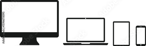 Set of Electronic Device Icons in Silhouette Style – Computer, Laptop, Tablet, and Smartphone Mockup.