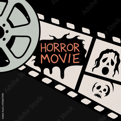 Spooky horror movie film strip featuring chilling images and creepy text
