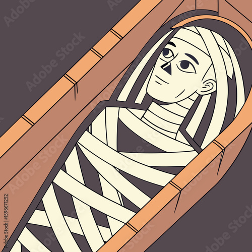 Mummy wrapped in bandages lying in a sarcophagus with a calm expression