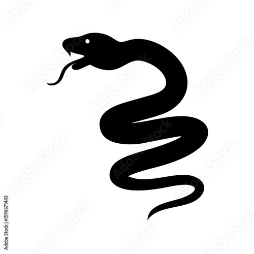 black snake silhouette icon in coiled spiral with flicking tongue