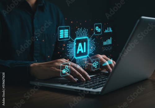 Man interacting with artificial intelligence system on laptop with data