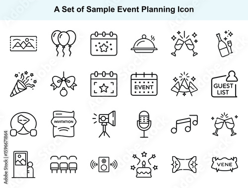 Event planning elements such as venue signage and invitations are shown in linear style