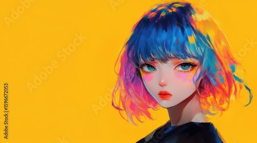 Vibrant anime portrait of a girl with colorful hair against a mustard yellow background.