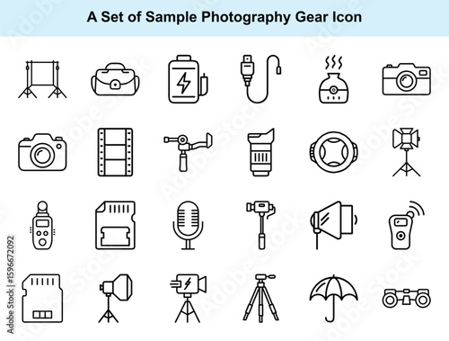 Several black line icons showcase different camera tools and photography equipment on a white backdrop