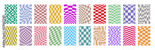 Distorted checked background set, fluid liquid wavy squares, distorted checker templates, doodle warped rectangle