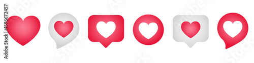 Social media likes emoji icon set. Buttons like with red heart. Speech bubble messages, love reaction signs - vector