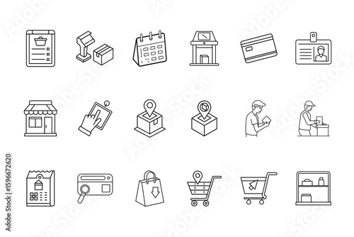 Set outline icons for online shopping delivery services cart click