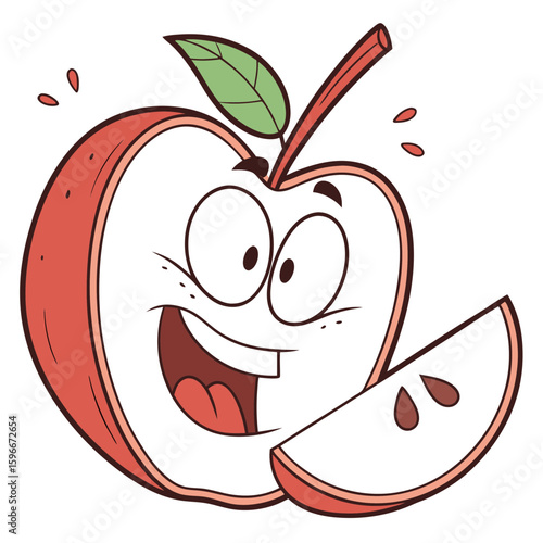 A happy cartoon apple character with a slice of apple, smiling