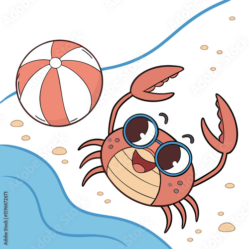 A happy crab wearing sunglasses plays with a ball on the beach