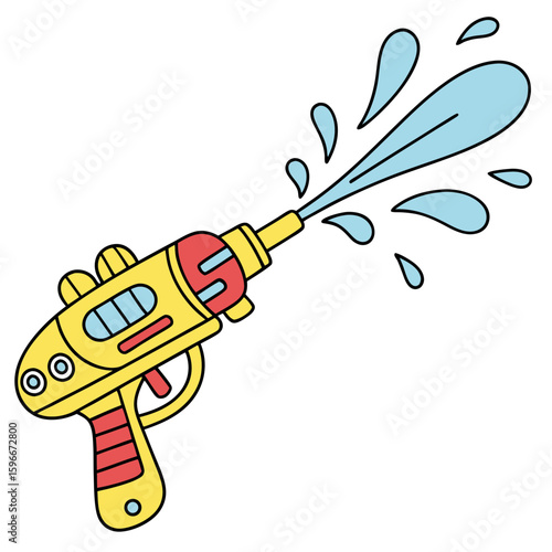 A yellow and red water gun shooting a stream of blue water