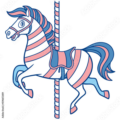 A colorful carousel horse with pink and blue stripes on a pole