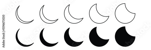 Minimalist lunar phases vector icon set for astronomy cosmic moon cycle silhouette graphic illustration in modern abstract style design.