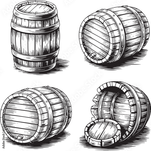 Hand drawn style old wooden barrel set isolated on transparent background
