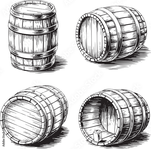 Hand drawn style old wooden barrel set isolated on transparent background