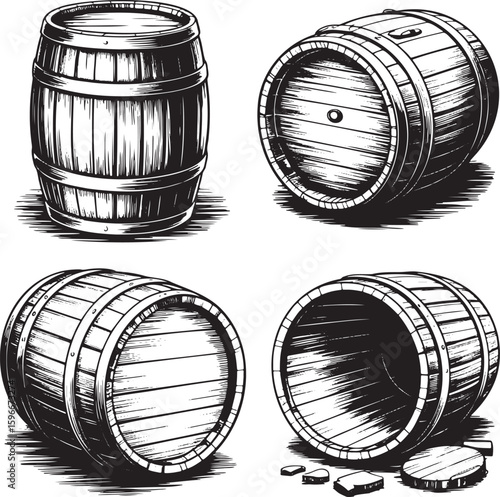 Hand drawn style old wooden barrel set isolated on transparent background