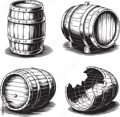 Hand drawn style old wooden barrel set isolated on transparent background