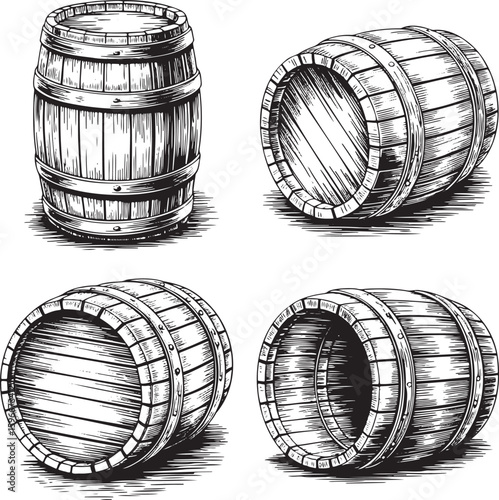 Hand drawn style old wooden barrel set isolated on transparent background